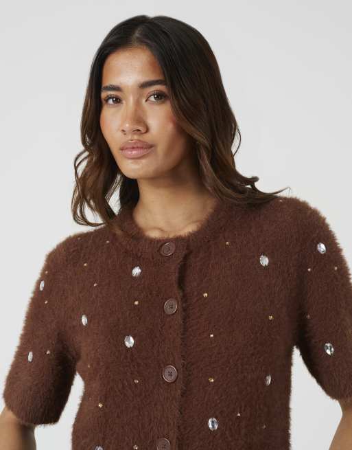Brave Soul Short sleeve embellished fluffy knit cardigan in chocolate, 4 of 4