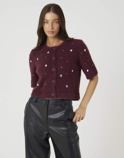 Brave Soul Short sleeve embellished fluffy knit cardigan in wine - view 1
