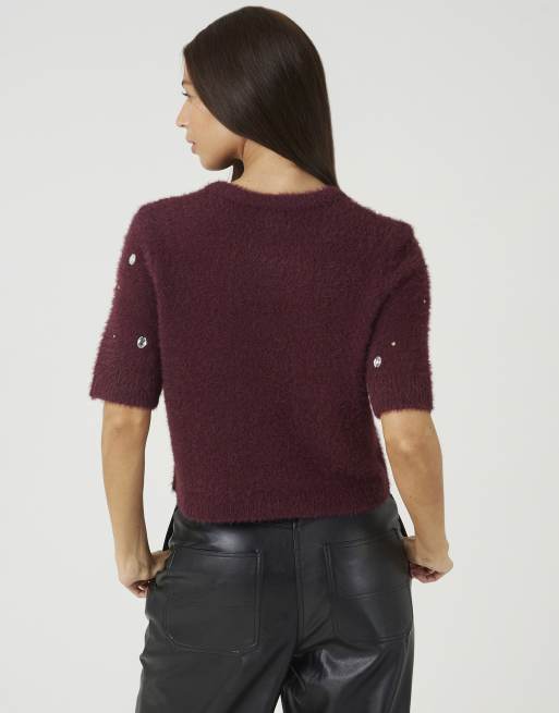 Brave Soul Short sleeve embellished fluffy knit cardigan in wine, 2 of 4