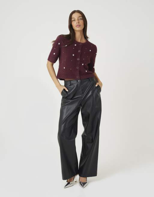 Brave Soul Short sleeve embellished fluffy knit cardigan in wine, 3 of 4