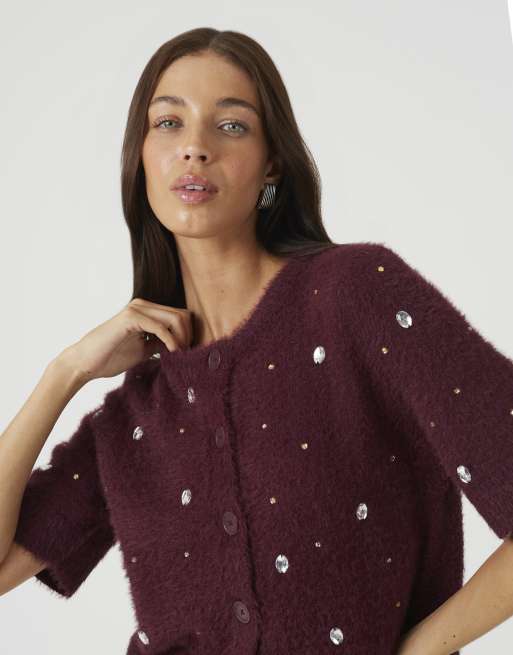 Brave Soul Short sleeve embellished fluffy knit cardigan in wine, 4 of 4
