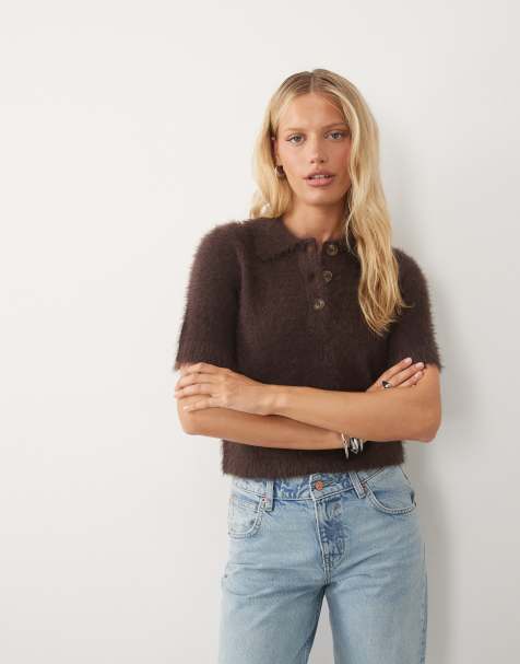Brave Soul short sleeve fluffy polo collar jumper in chocolate brown - view 1