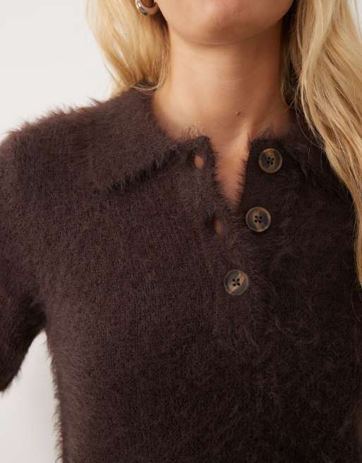Brave Soul short sleeve fluffy polo collar jumper in chocolate brown, 3 of 4