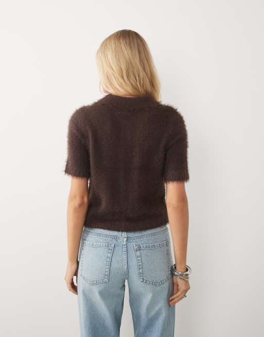 Brave Soul short sleeve fluffy polo collar sweater in chocolate brown, 2 of 4