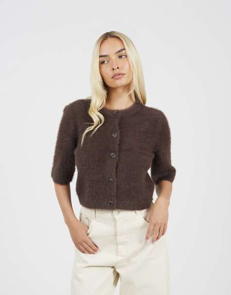 Brave Soul Short sleeve fluffy yarn cardigan in chocolate - view 1