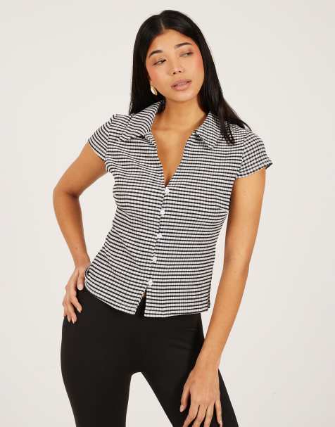 Brave Soul Short sleeve gingham collared top in black - view 1