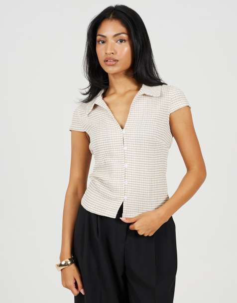 Brave Soul Short sleeve gingham collared top in brown - view 1