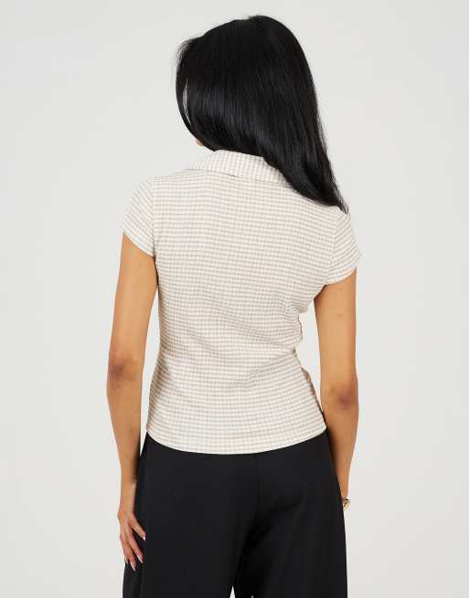 Brave Soul Short sleeve gingham collared top in brown, 2 of 4
