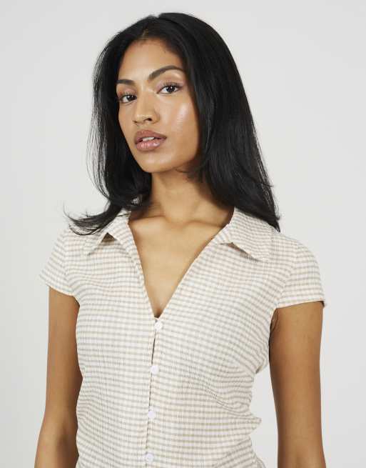 Brave Soul Short sleeve gingham collared top in brown, 4 of 4
