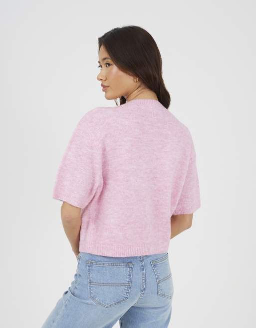 Brave Soul Short sleeve jersey knit cardigan in pink, 4 of 4