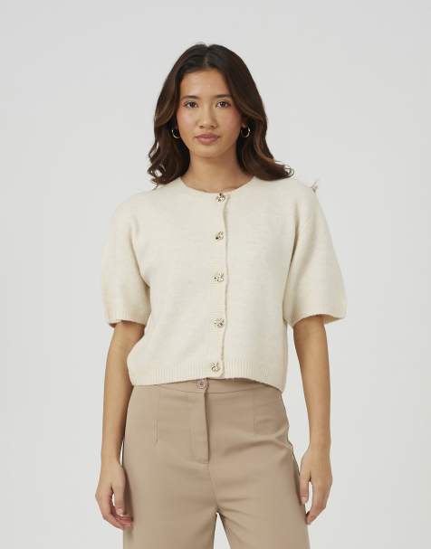 Brave Soul Short sleeve jersey knit cardigan in stone - view 1