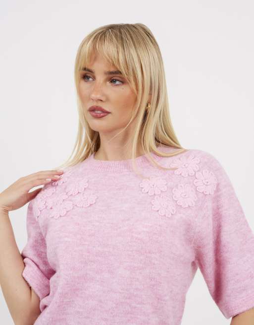 Brave Soul Short sleeve jumper with floral embroidery in pink, 4 of 4