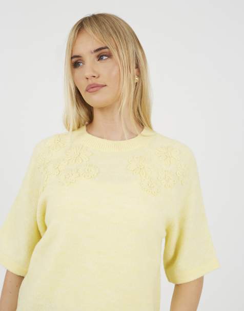 Brave Soul Short sleeve jumper with floral embroidery in yellow