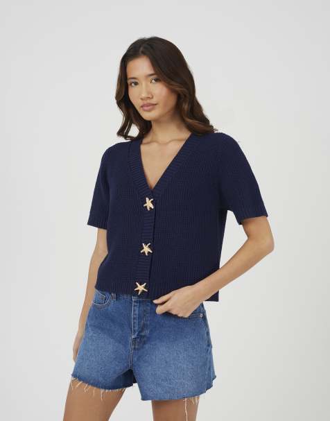 Brave Soul Short sleeve knitted cardigan with starfish buttons in navy