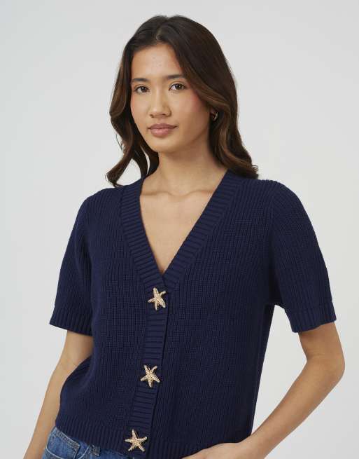 Brave Soul Short sleeve knitted cardigan with starfish buttons in navy, 3 of 4
