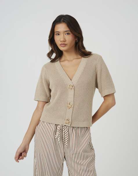Brave Soul Short sleeve knitted cardigan with starfish buttons in stone