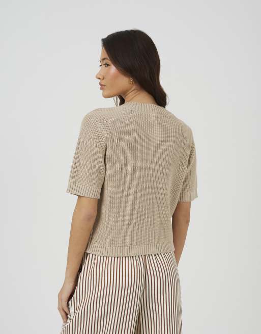 Brave Soul Short sleeve knitted cardigan with starfish buttons in stone, 4 of 4
