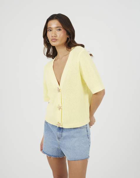 Brave Soul Short sleeve knitted cardigan with starfish buttons in yellow