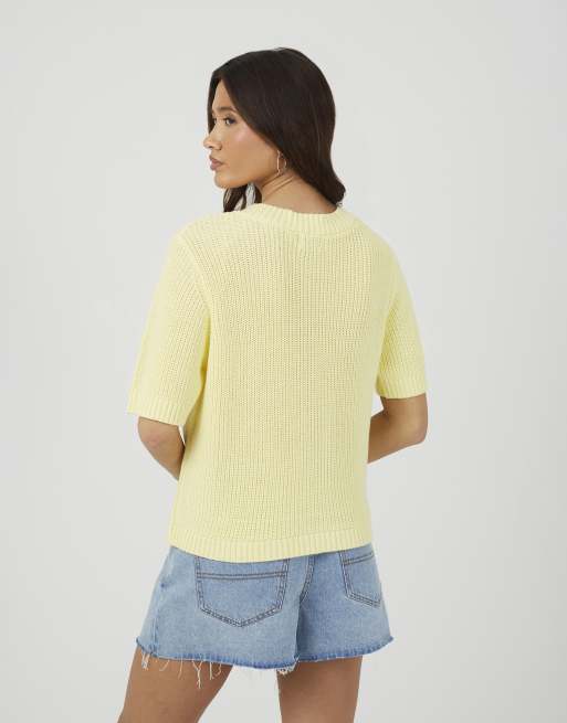 Brave Soul Short sleeve knitted cardigan with starfish buttons in yellow, 3 of 4