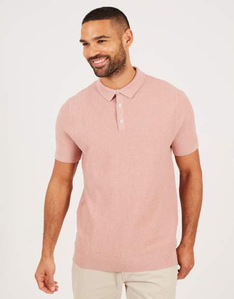 Brave Soul Short sleeve knitted polo shirt in dusty pink - view 1