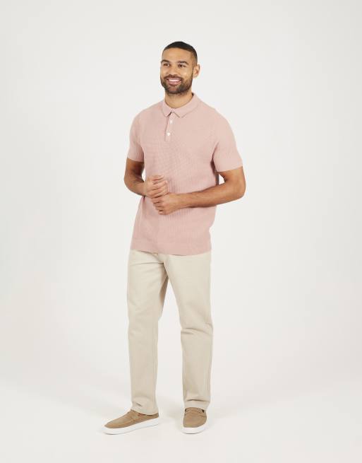 Brave Soul Short sleeve knitted polo shirt in dusty pink, 3 of 4