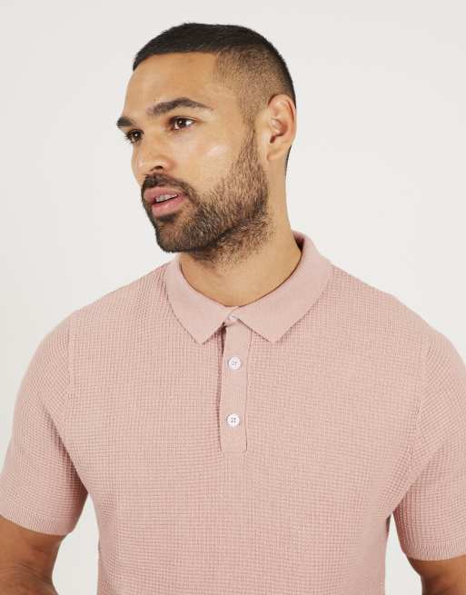 Brave Soul Short sleeve knitted polo shirt in dusty pink, 4 of 4