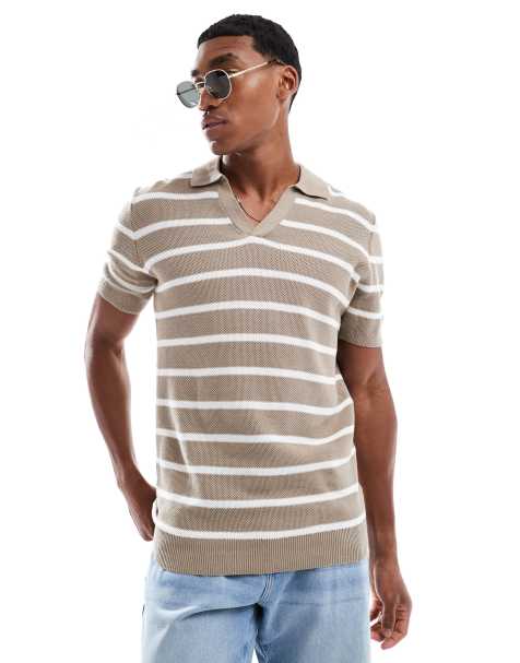 Brave Soul Short sleeve knitted polo shirt in stone - view 1