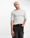 Brave Soul short sleeve knitted t-shirt in light grey marl-White