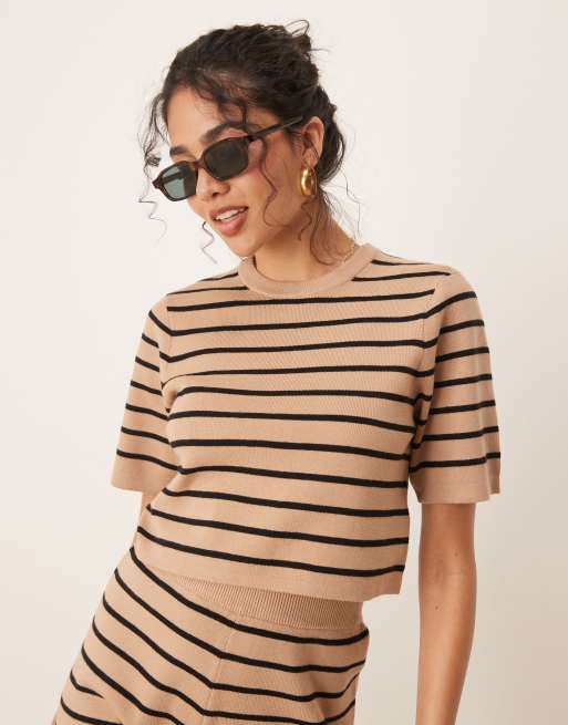 Brave Soul short sleeve knitted t-shirt in tan and black stripe (part of a set) 