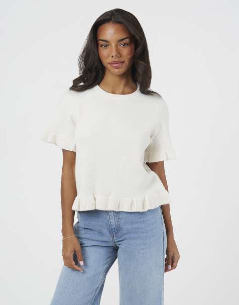 Brave Soul Short sleeve knitted t-shirt with frill detail in ivory - view 1