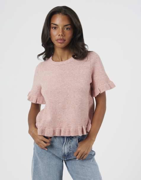 Brave Soul Short sleeve knitted t-shirt with frill detail in pink - view 1