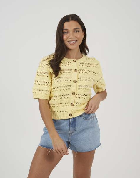 Brave Soul Short sleeve pointelle knit crew neck cardigan in yellow - view 1