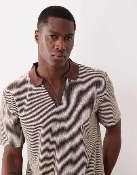 Brave Soul short sleeve polo top in brown and ecru stripe - view 1