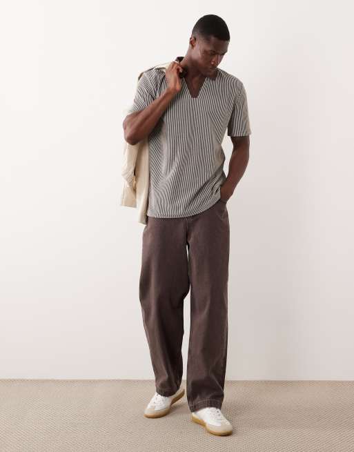 Brave Soul short sleeve polo top in brown and ecru stripe, 2 of 5