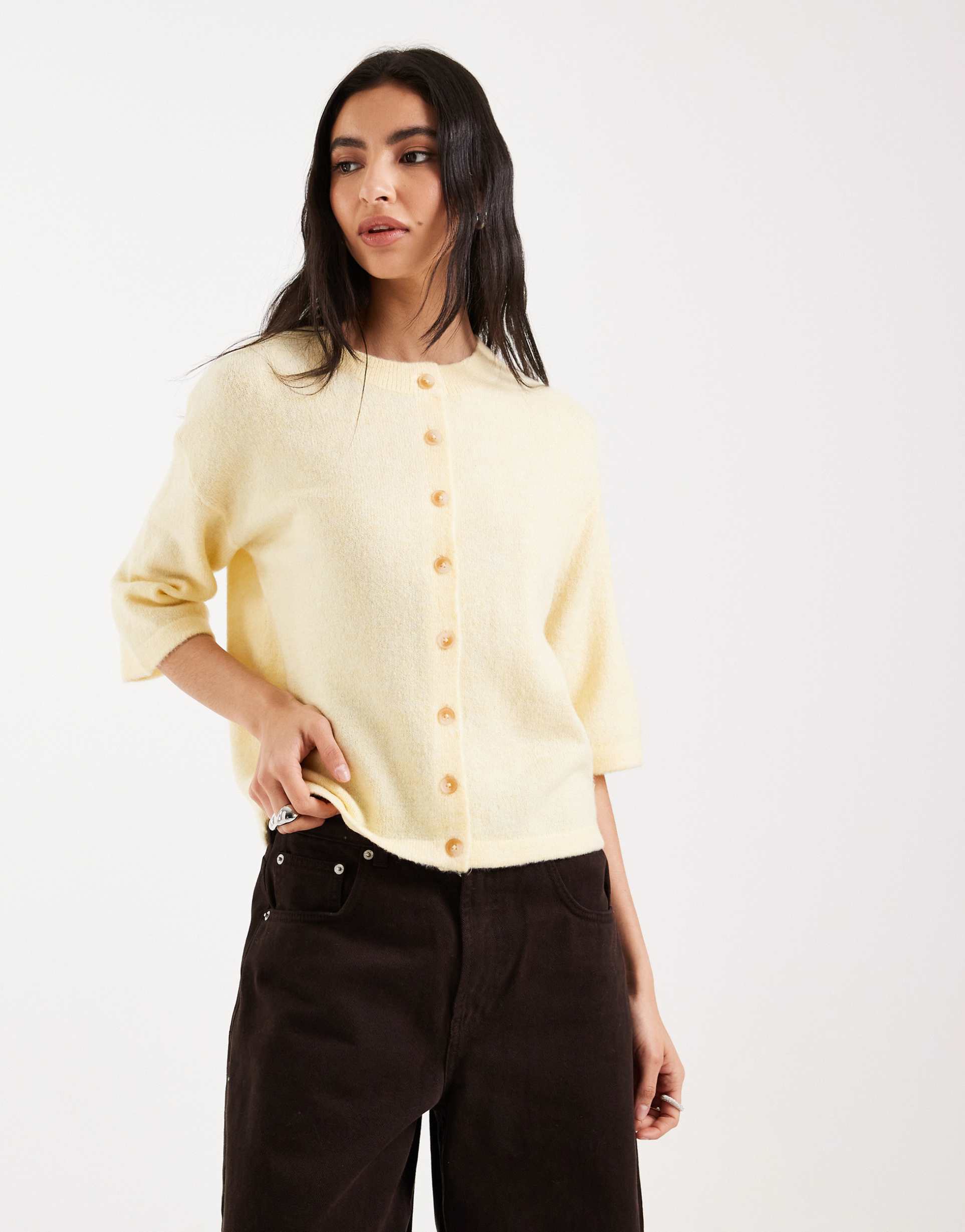 brave soul short sleeve relaxed fit knit cardigan in yellow