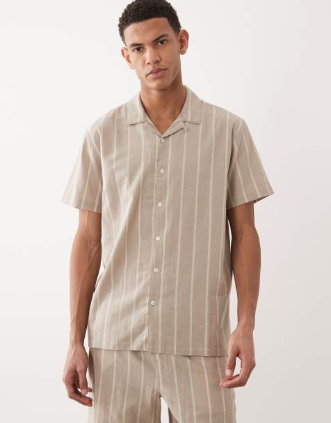 Brave Soul short sleeve shirt co-ord with revere collar in stone and ecru stripe - view 1