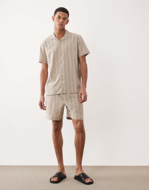 Brave Soul short sleeve shirt with revere collar and shorts with drawcord waist co-ord in stone and ecru stripe - view 1