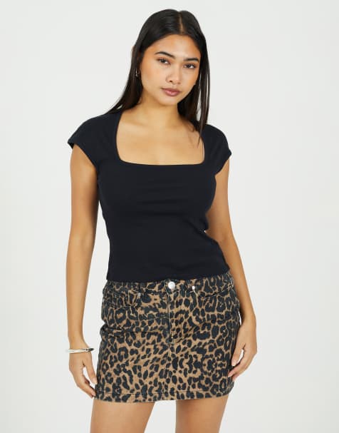 Brave Soul Short sleeve square neck fitted t-shirt in black - view 1