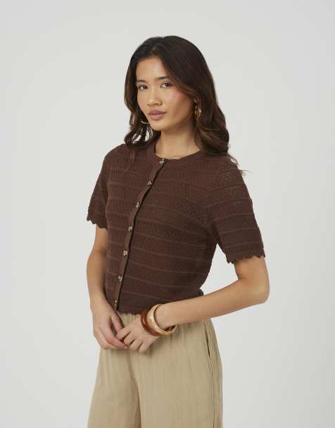 Brave Soul Short sleeve stitch detail crew neck cardigan in chocolate - view 1