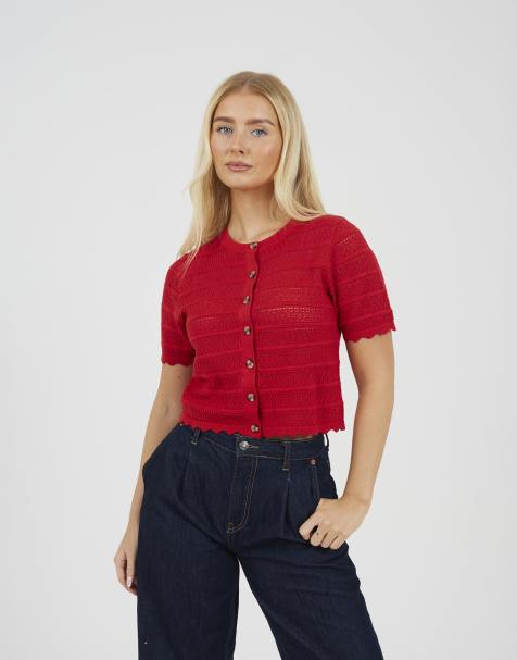 Brave Soul Short sleeve stitch detail crew neck cardigan in red - view 1