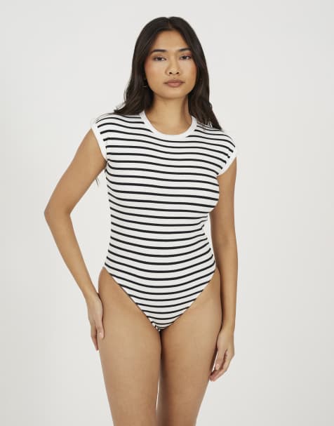 Brave Soul Short sleeve striped bodysuit in cream - view 1