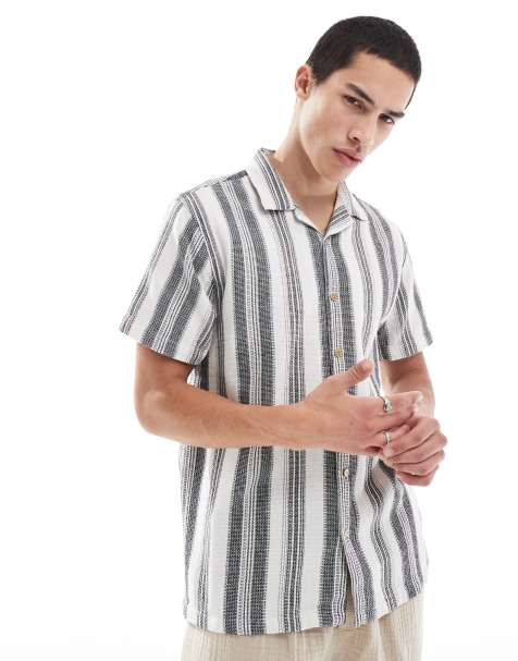 Brave Soul short sleeve textured striped shirt in navy and ecru - view 1