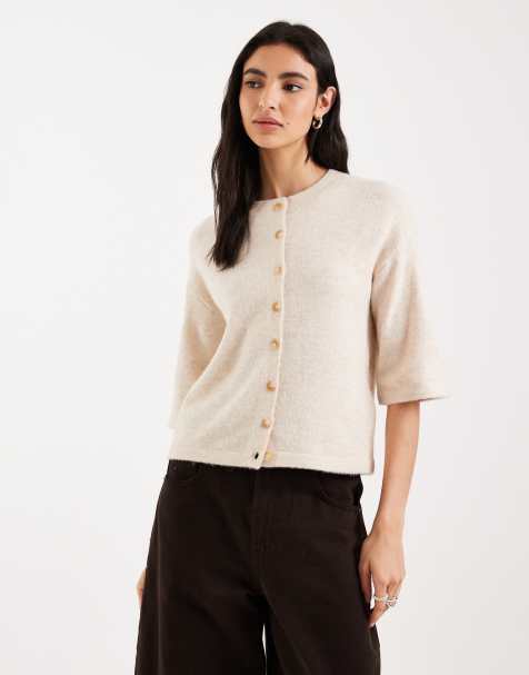 Brave Soul short sleeved relaxed fit knitted cardigan in cream