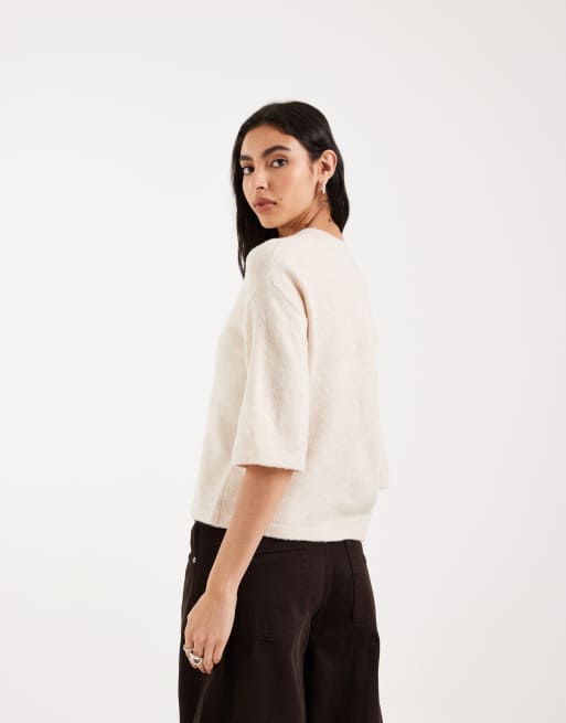 Brave Soul short sleeved relaxed fit knitted cardigan in cream, 2 of 4