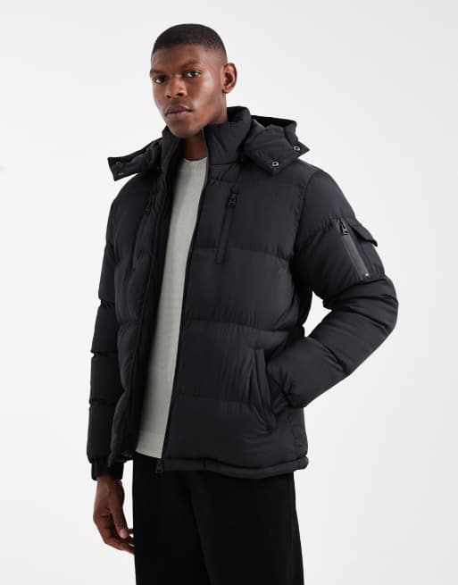 Brave Soul shower resistant puffer jacket with detachable hood in black	
