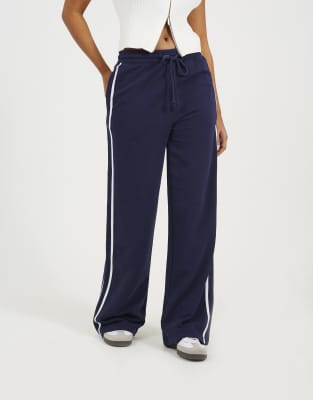 Brave Soul Side stripe wide leg joggers in navy