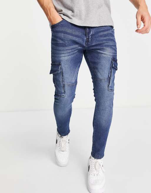 Brave Soul skinny fit cargo jeans in mid blue