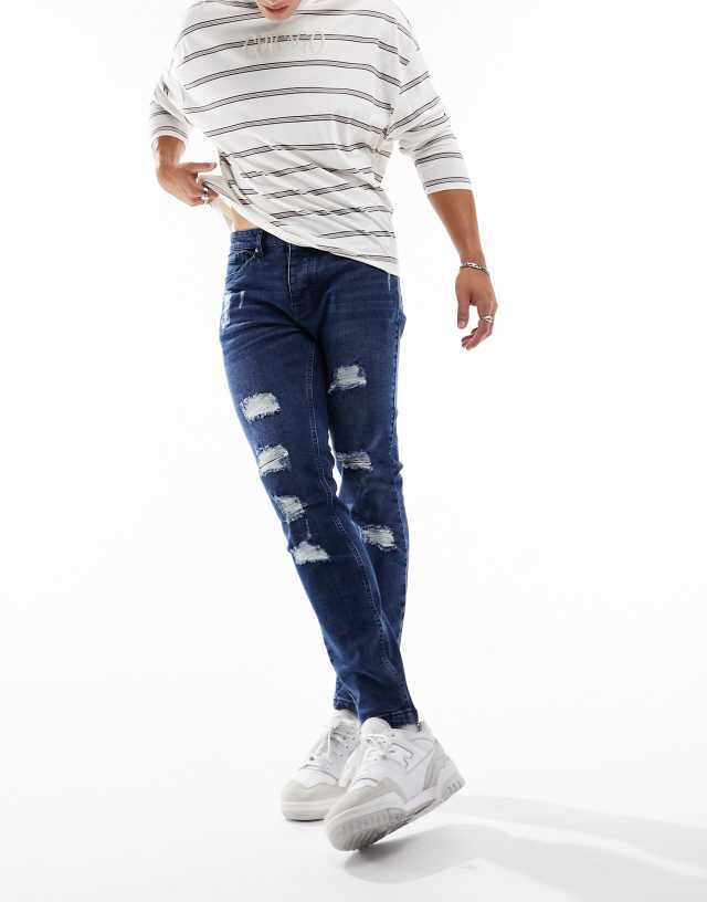 Brave Soul - skinny fit multi rip jeans in mid blue