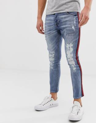 Brave Soul skinny jeans with taping-Blue