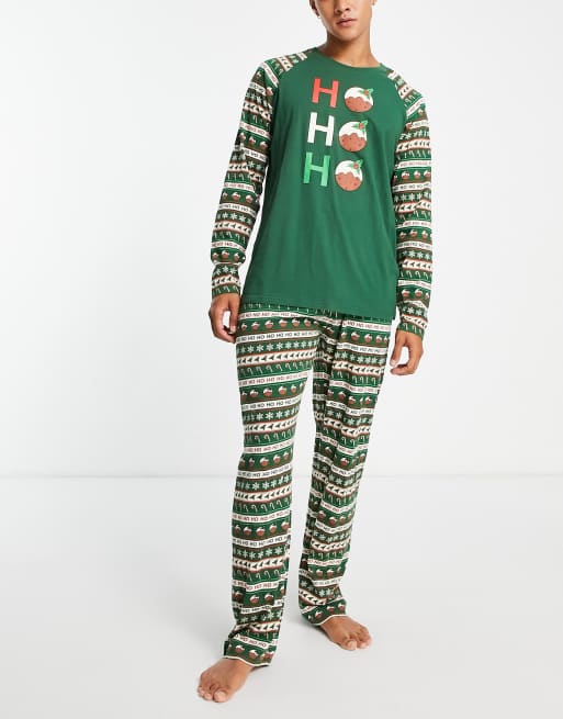 Brave Soul - Skovgrønt pyjamassæt med 'Ho Ho Ho'-print og multifarvet Fair Isle-mønster i julestil